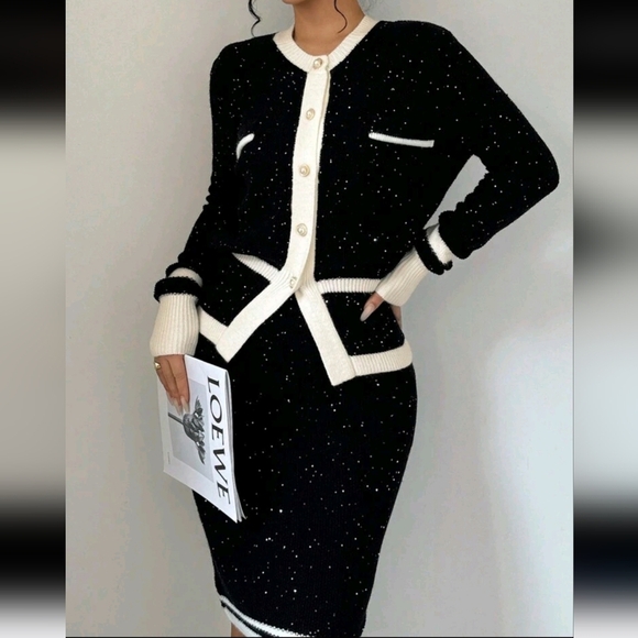 Women's Elegant Contrast Color Trim Asymmetric Hem Long Sleeve Blouse And Skirt - Picture 5 of 5